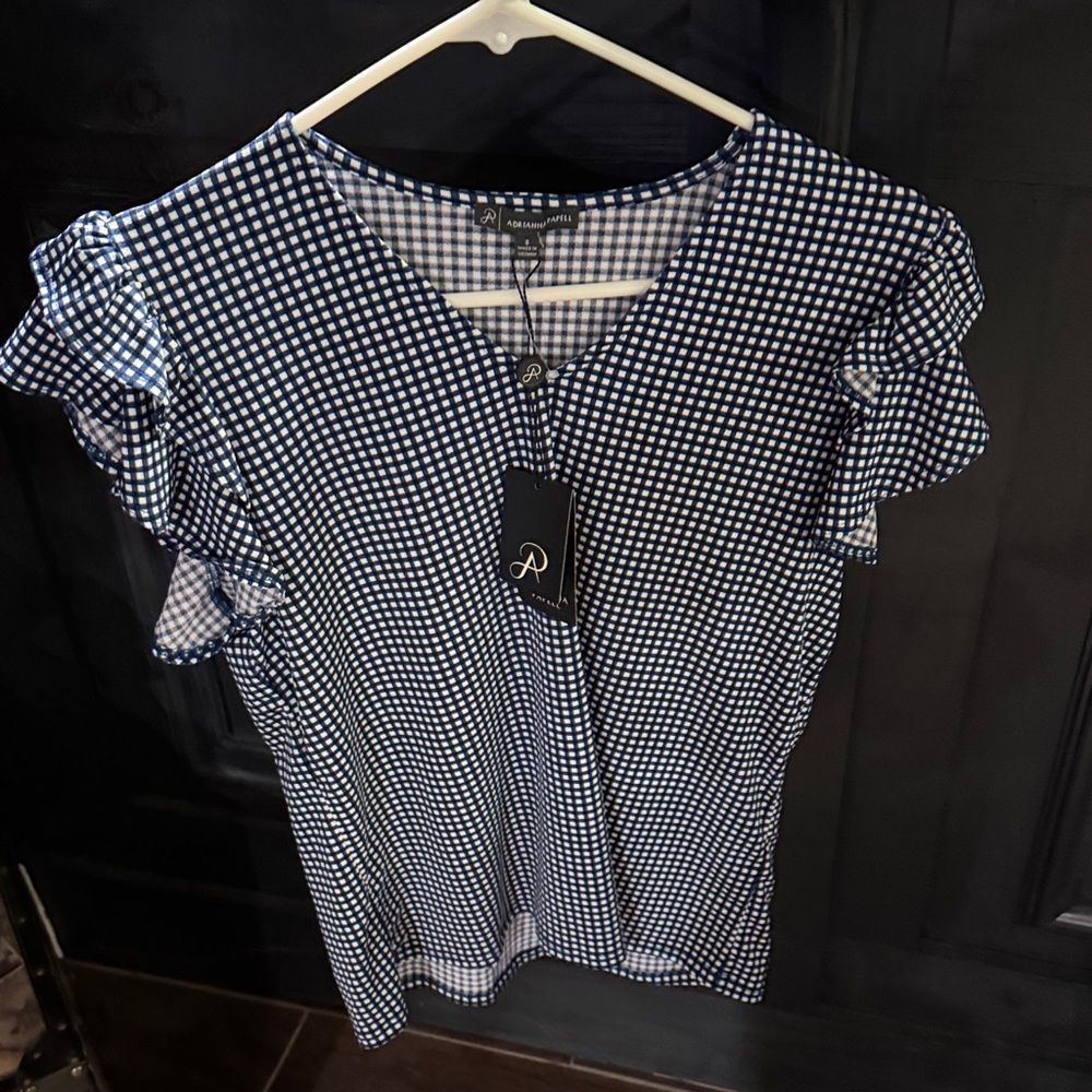Adrianna Papell Blue Checkered Ruffle Blouse